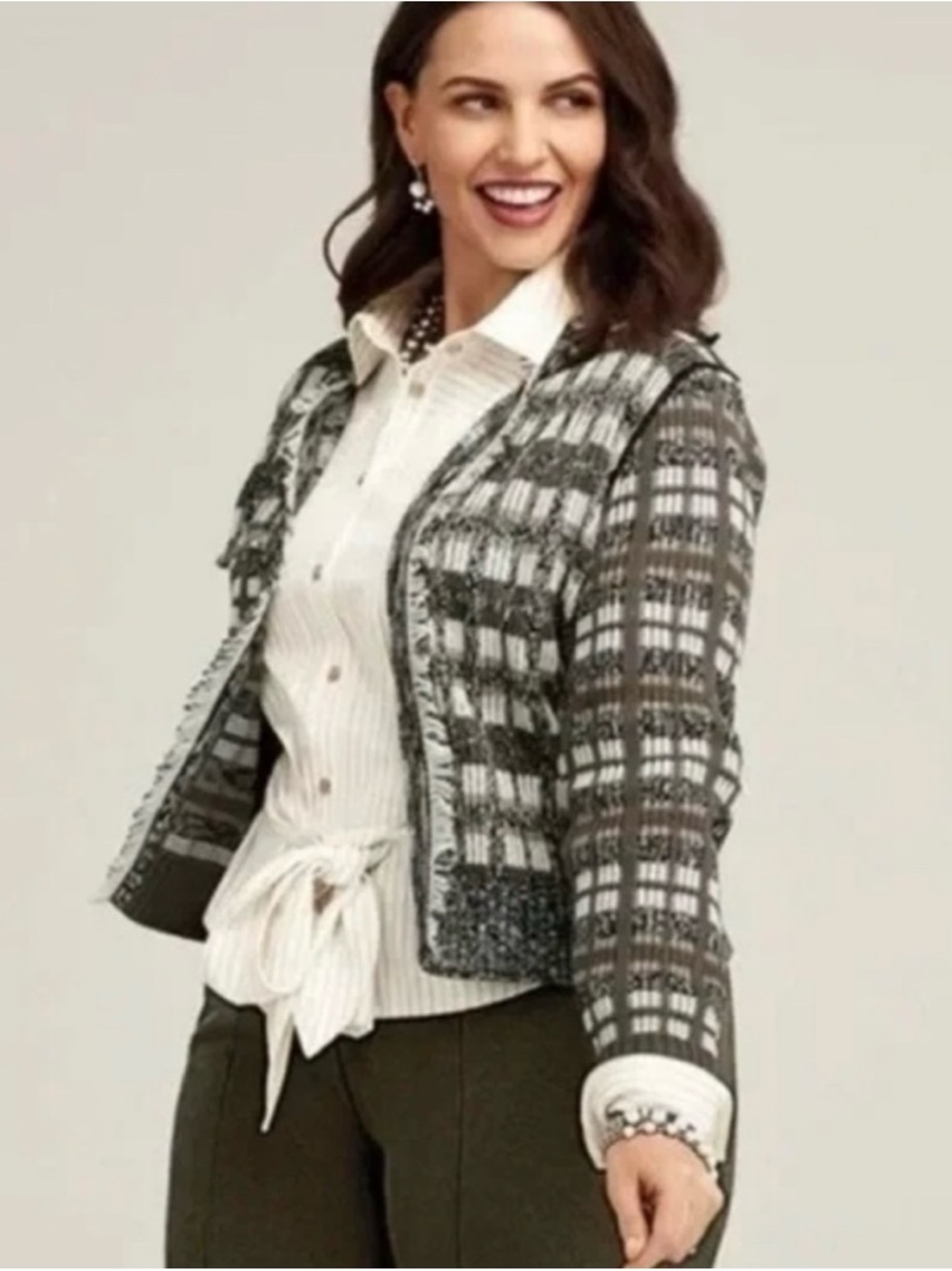 Cabi Classic Fringe Neutral Open  Women’s Textured Lady Cardigan Sweater Sz M